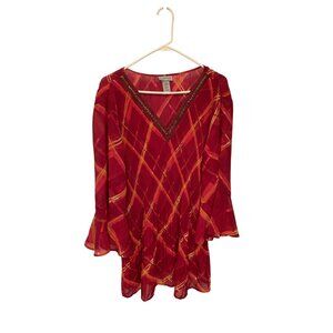 Catherines Womens Size 3X 26 28W Pleated VNeck Tunic Top Shirt Red Blouse Flared